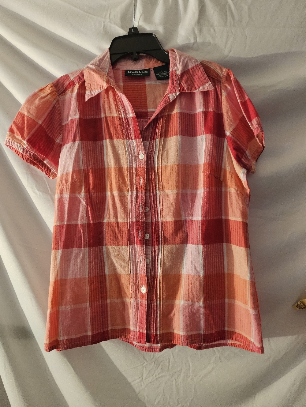 Lemon Grass Studio Plaid Salmon Pink Button Up Top Med Cotton